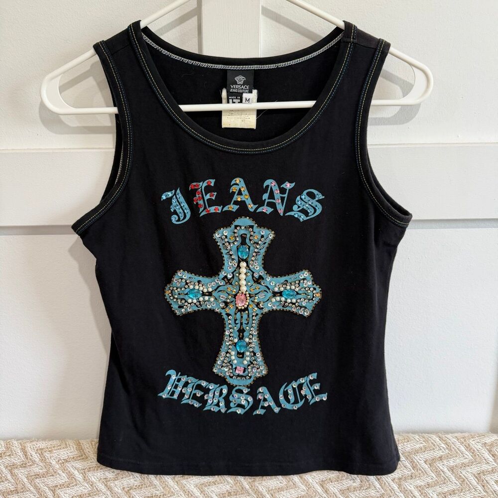 Vintage 90s Versace Jeans Couture Rhinestone Jeweled Cross Tank Top